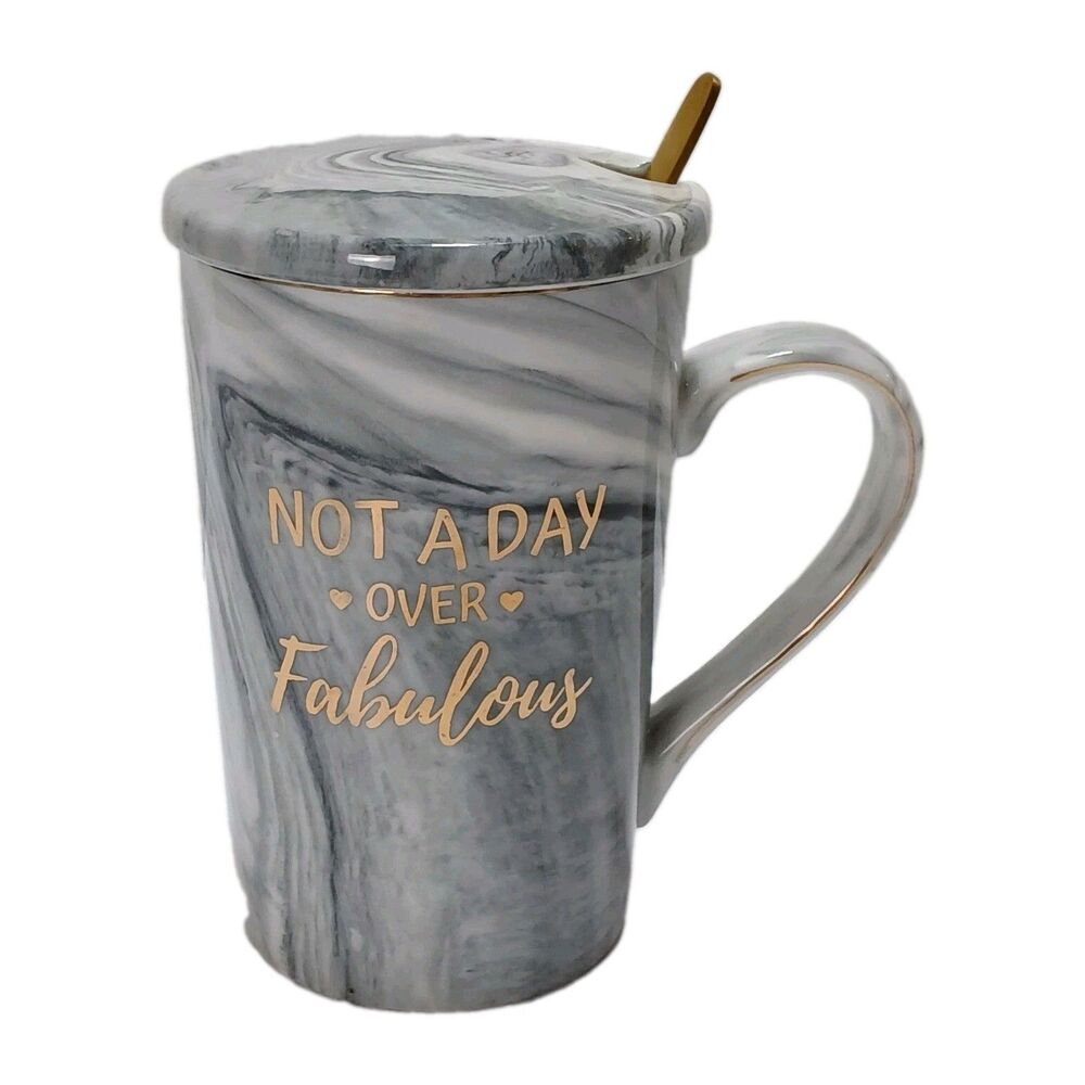 Gray Marble Ceramic Coffee/Tea Mug w/ Lid & Spoon, "Not a Day over Fabulous" EUC